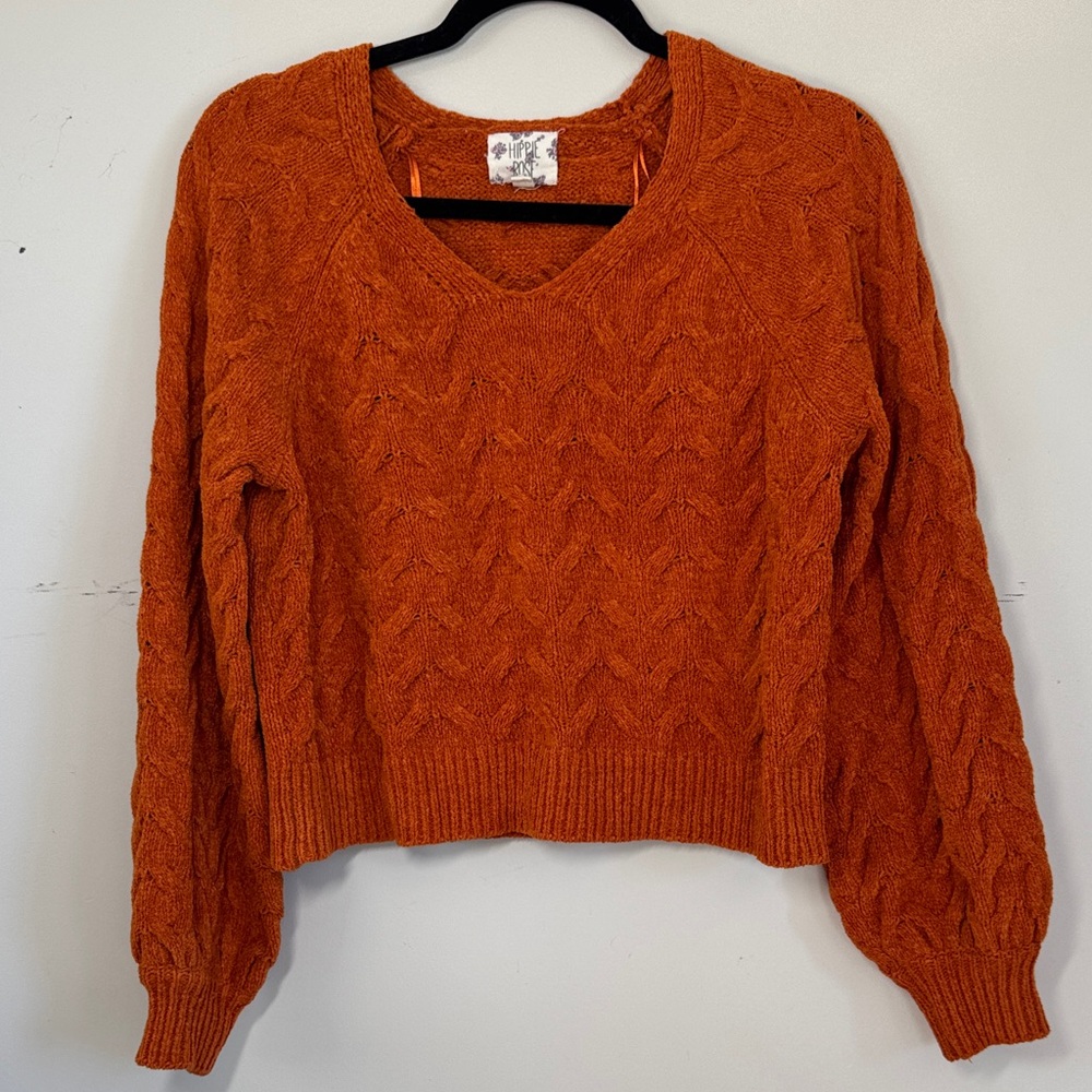 Hippie Rose Textured V-Neck Sweater in Warm Orange